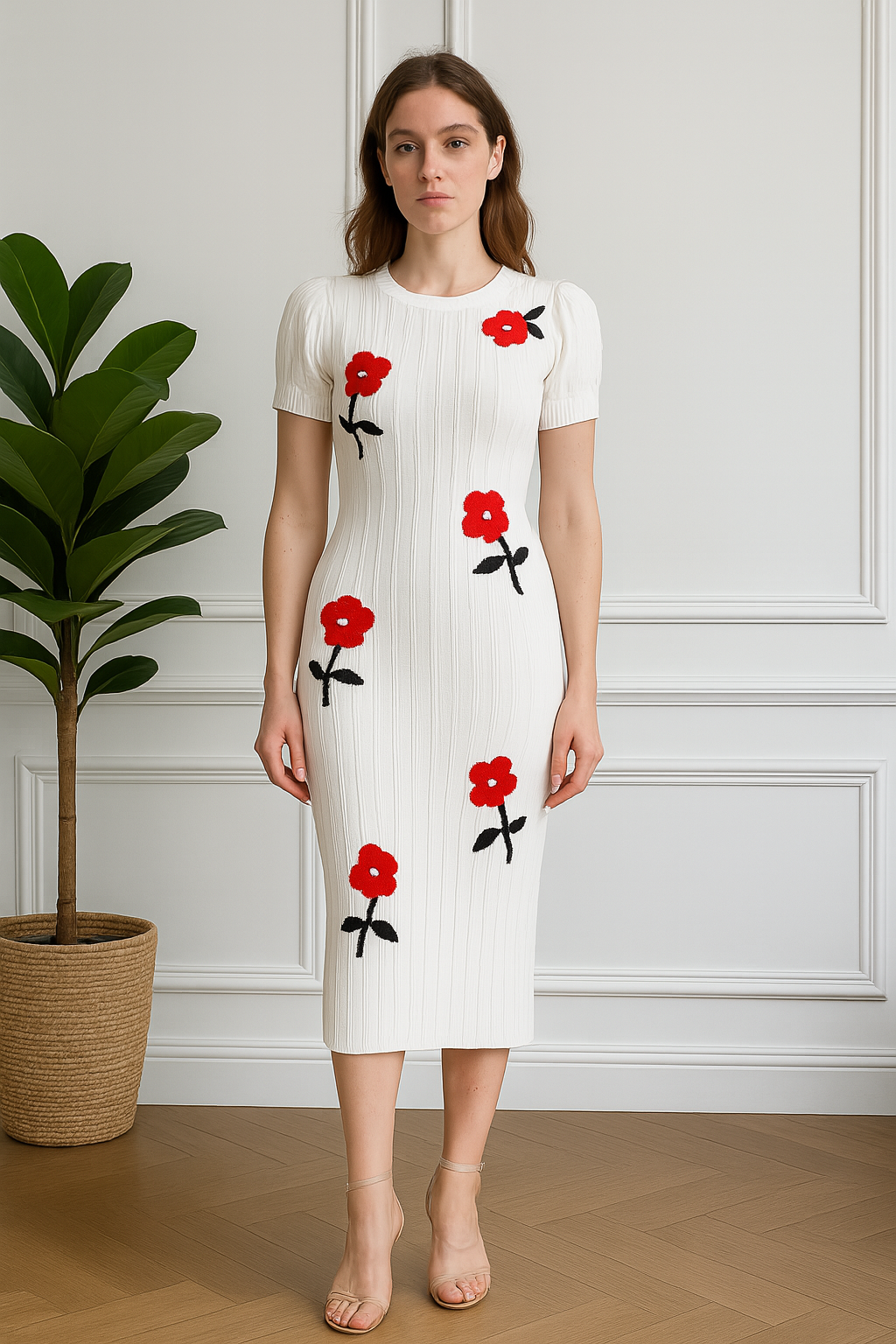 Red Flower Midi Dress