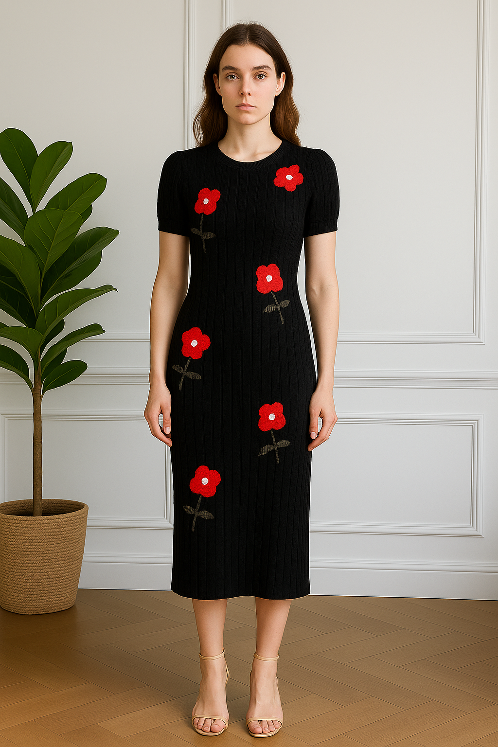 Red Flower Midi Dress